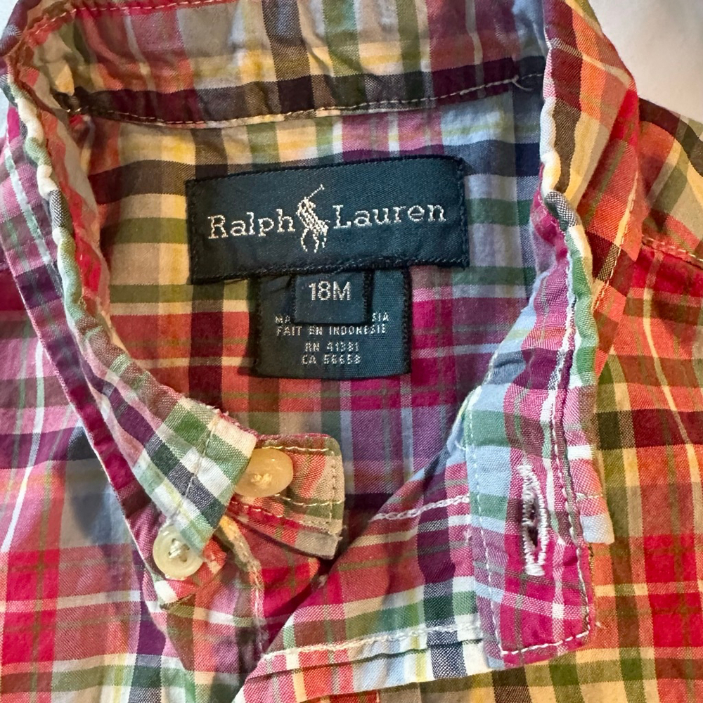 Baby Ralph Lauren Madras Plaid Button Down Shirt 18 Months Red Green Pink - Picture 2 of 3